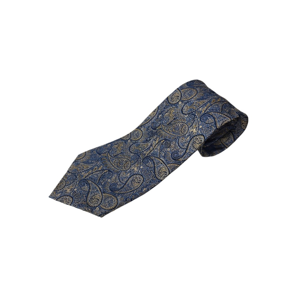 Van Heusen 100% Silk Tie Blue Paisley Gold Trim Mens Necktie Classic Formal